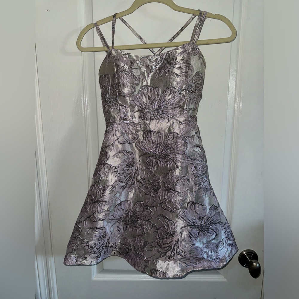 Lavender and Silver Brocade Dress With Criss Cross Back Size Small